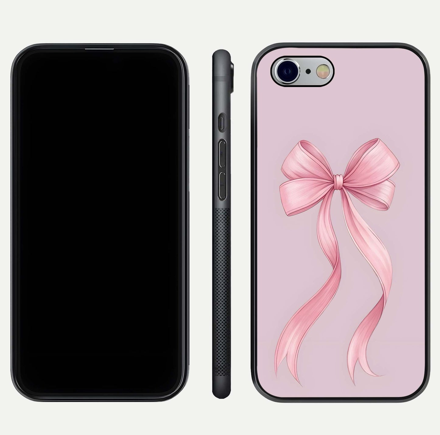 Soft Blush Bow iPhone 6 glass phone case front and side layout view displaying slim profile and gentle aesthetic