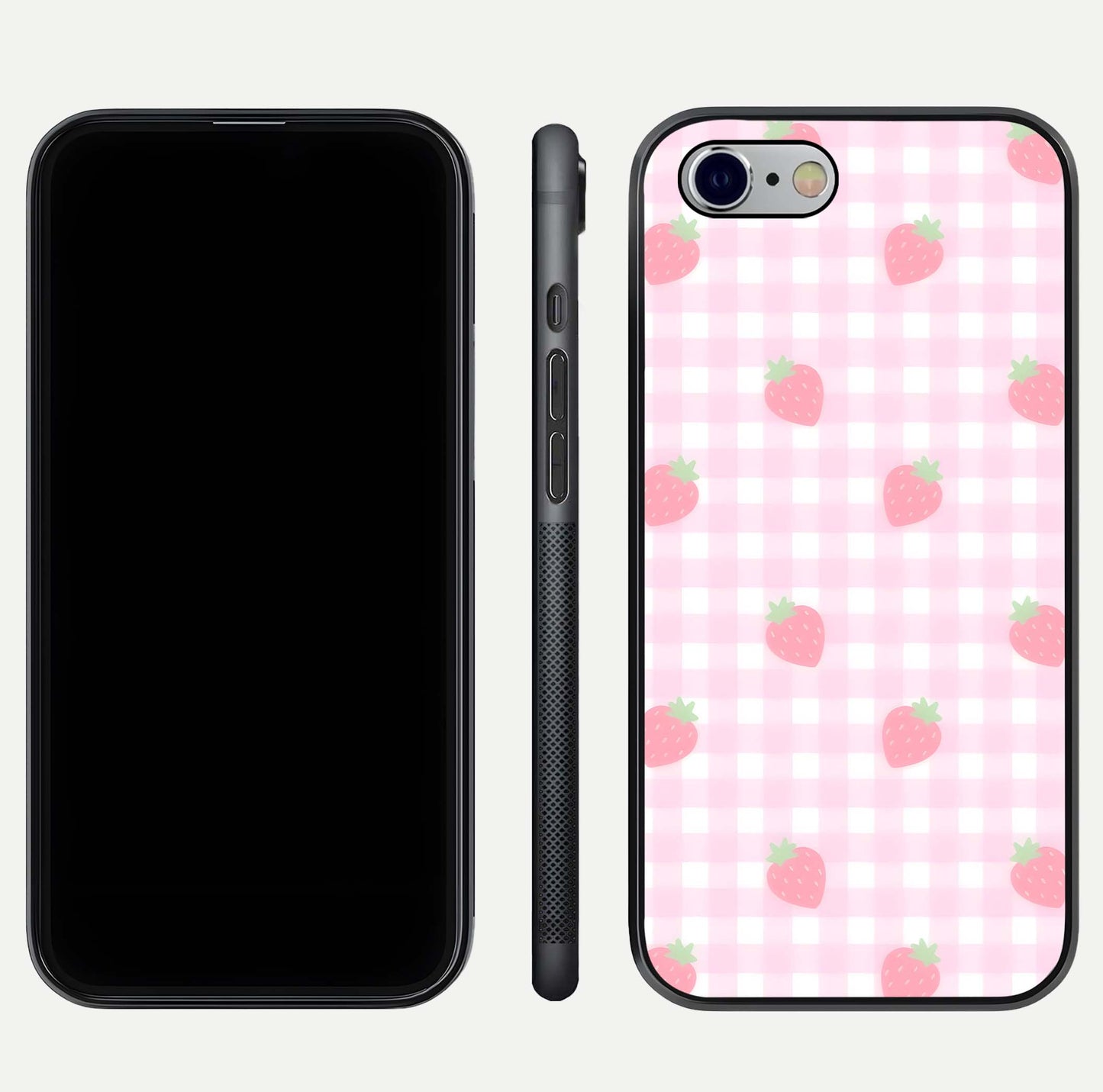 Strawberry Picnic Love iPhone 6 glass phone case front and side layout view showing slim profile and full picnic design