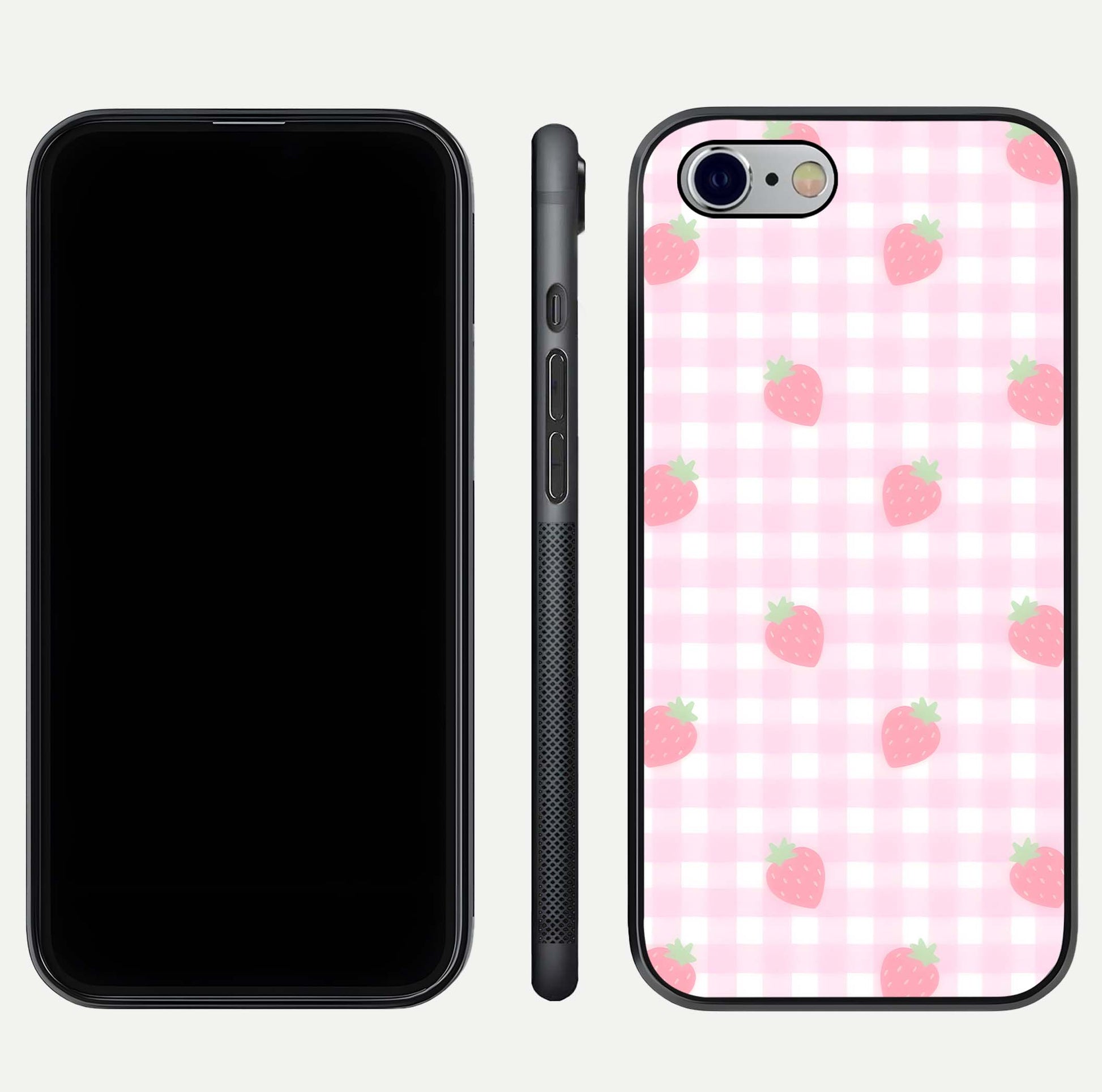 Strawberry Picnic Love iPhone 6 glass phone case front and side layout view showing slim profile and full picnic design