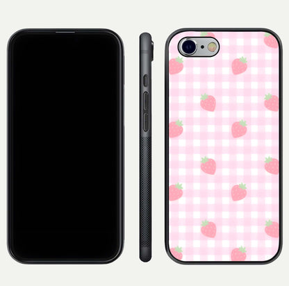 Strawberry Picnic Love iPhone 6 glass phone case front and side layout view showing slim profile and full picnic design