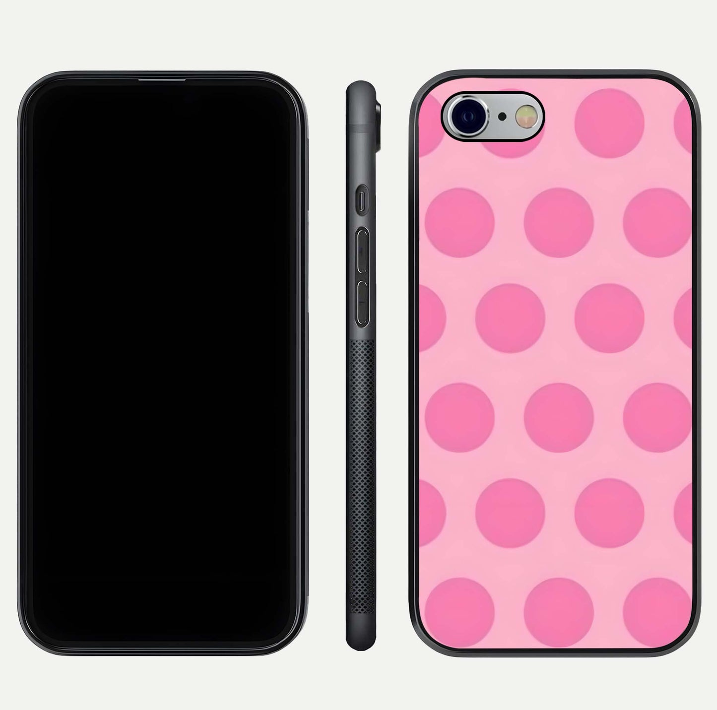 Sweet Dot Dreams iPhone 6 glass phone case front and side layout view displaying slim build and full dot design