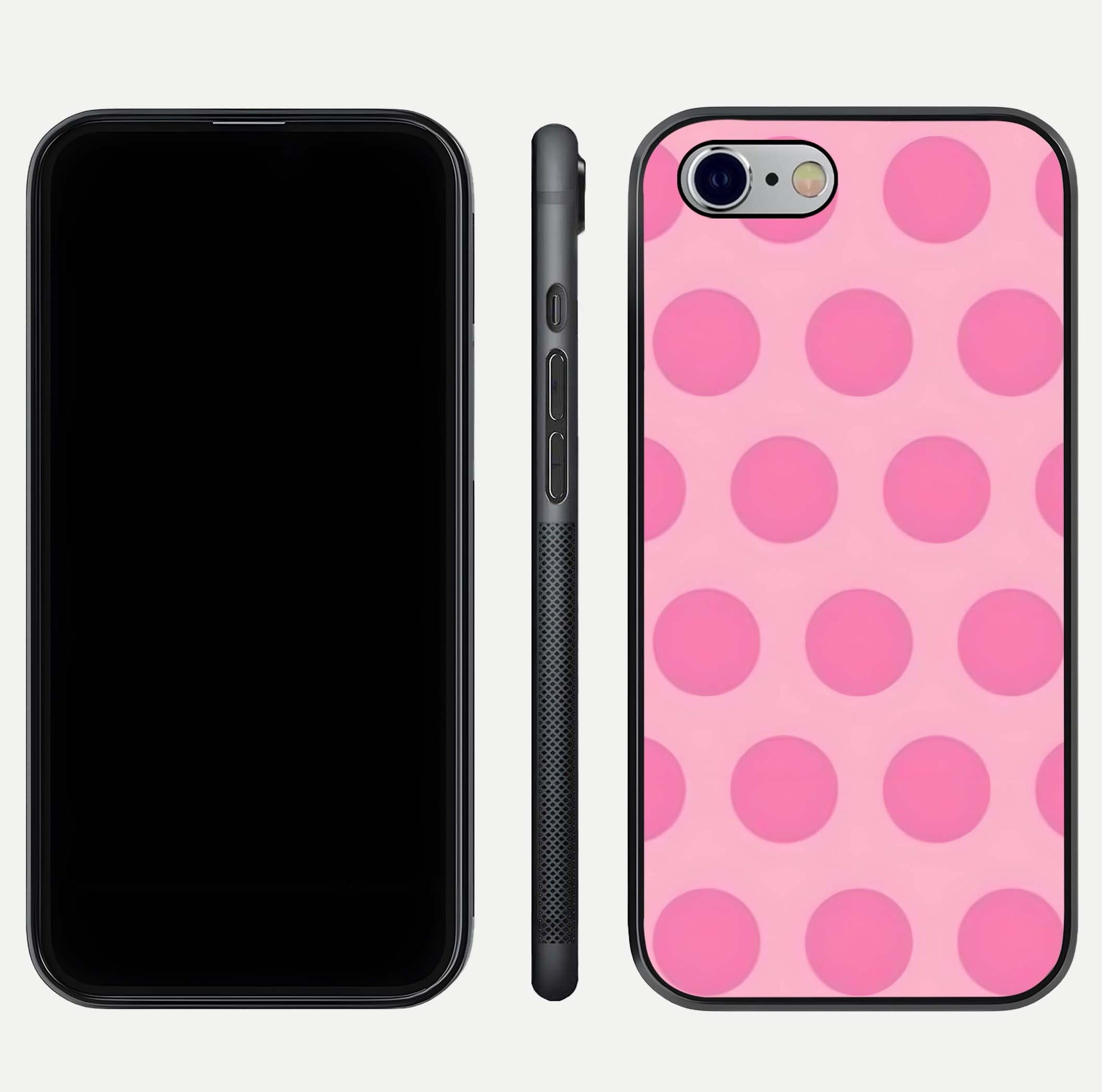 Sweet Dot Dreams iPhone 6 glass phone case front and side layout view displaying slim build and full dot design