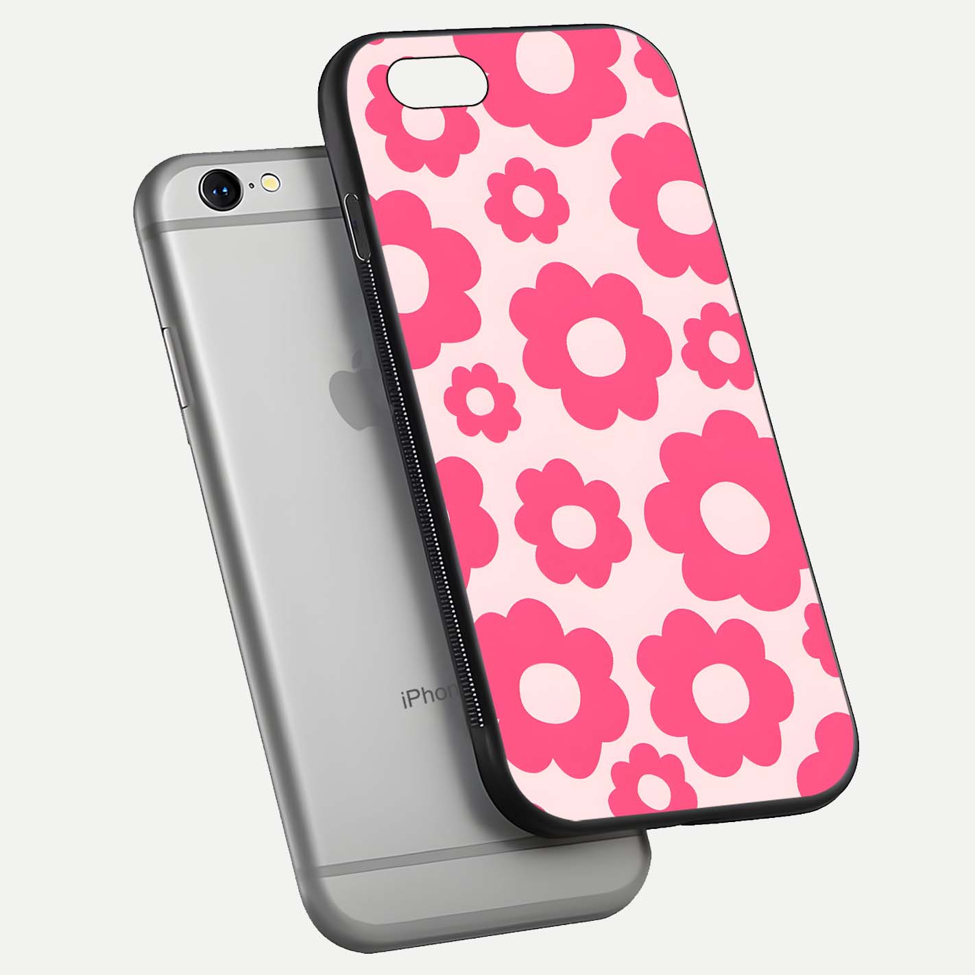 Blush Flower Pop iPhone 6 glass phone case floating view emphasizing premium build and vibrant flower artwork