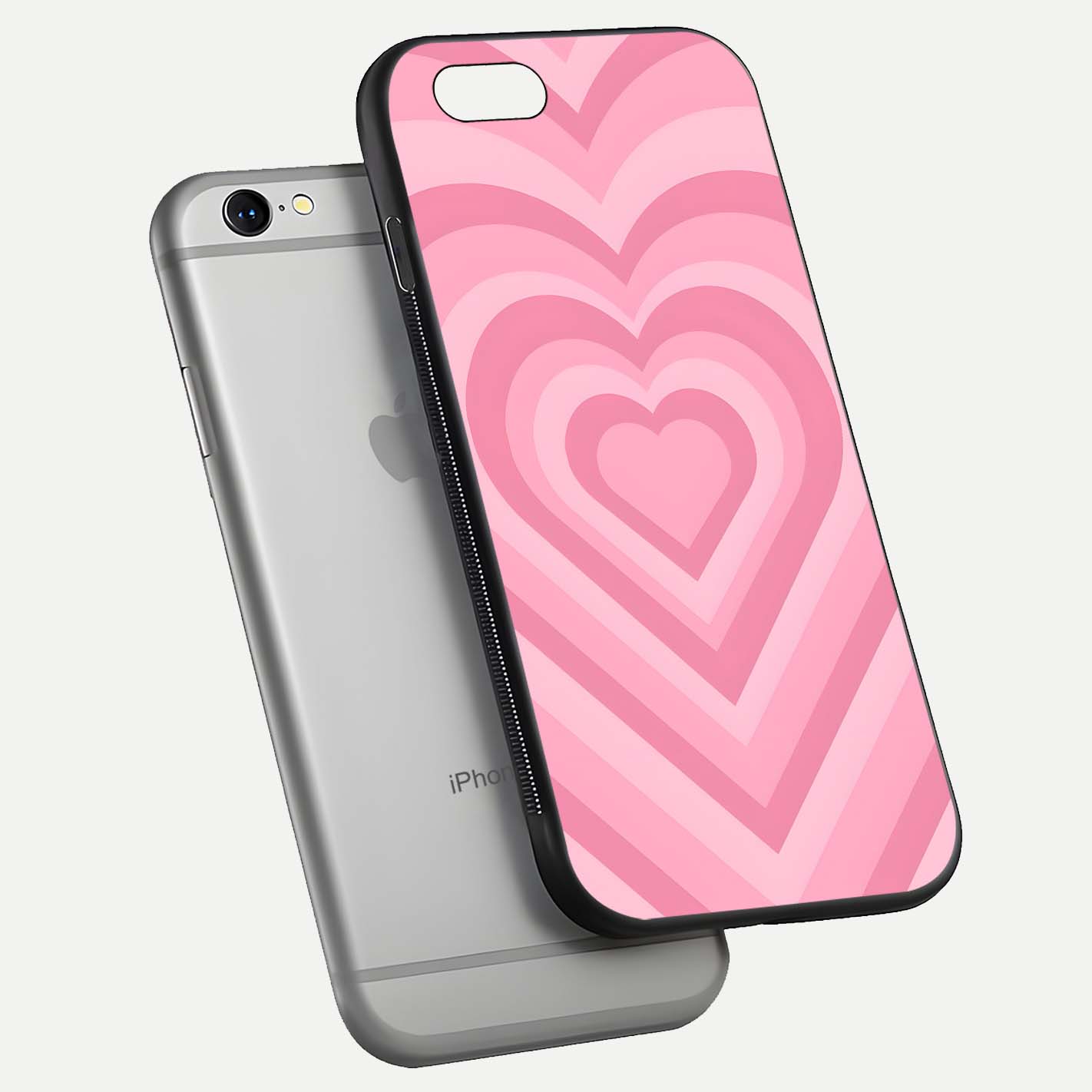 Blush Heart Waves iPhone 6 glass phone case floating view emphasizing glossy finish and layered heart design