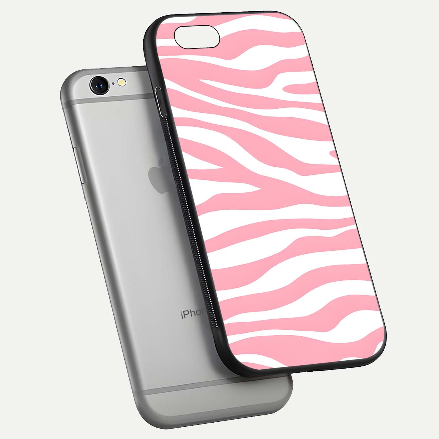 Blush Zebra Flow iPhone 6 glass phone case floating view emphasizing premium glossy surface and dynamic design