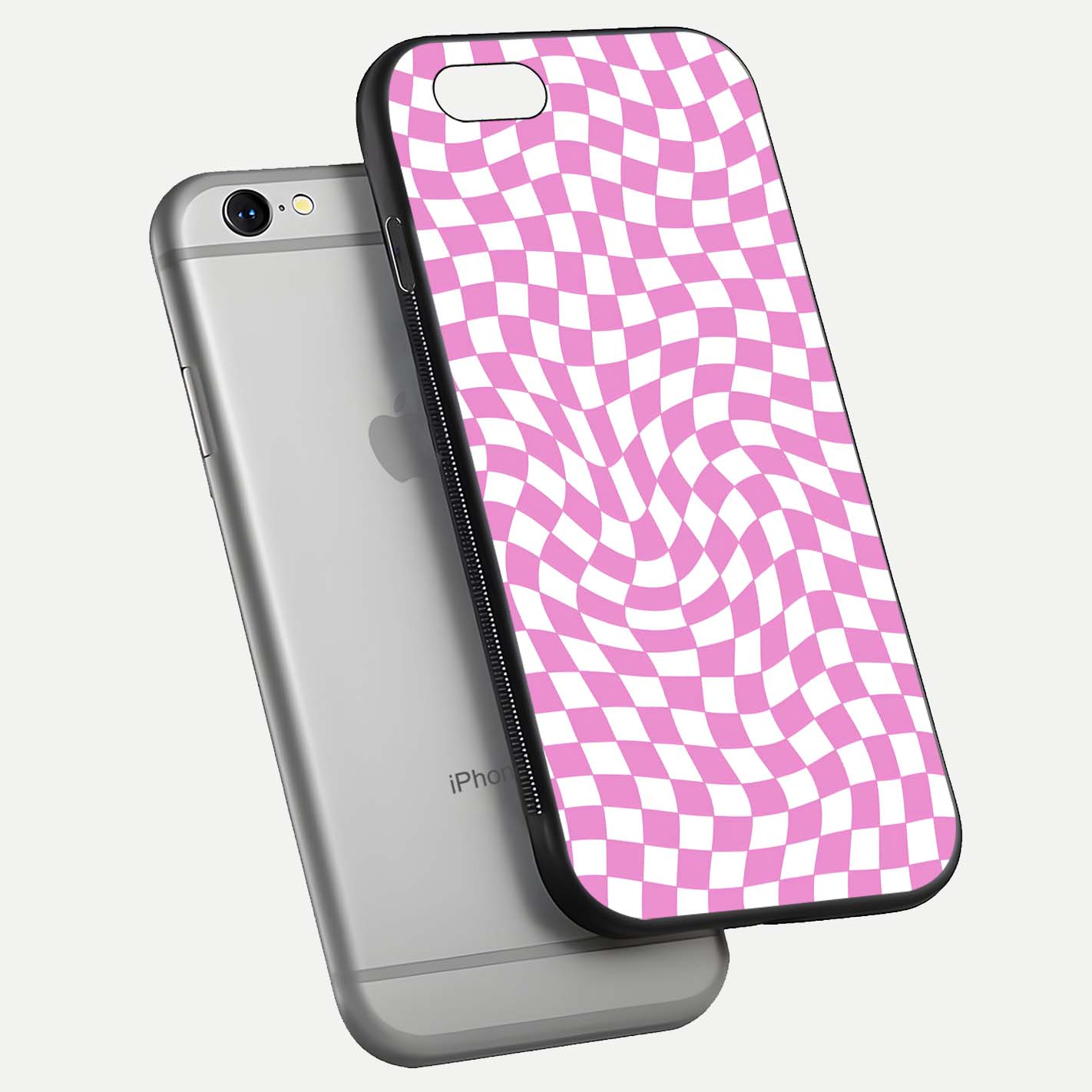 Bubblegum Check Wave iPhone 6 glass phone case floating view emphasizing premium glass finish and vibrant design