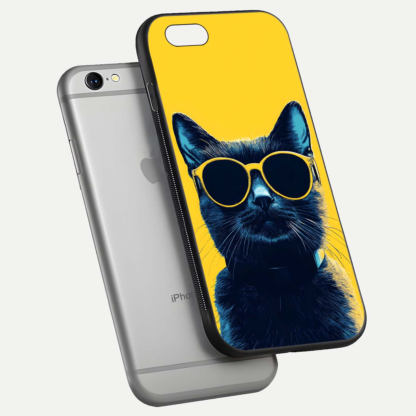 Cool Cat Vibes iPhone 6 glass phone case floating view emphasizing glossy finish and fun cat vibe