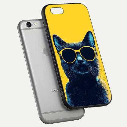 Cool Cat Vibes iPhone 6 glass phone case floating view emphasizing glossy finish and fun cat vibe
