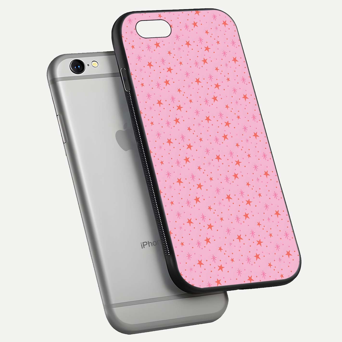 Cosmic Pink Sparkle iPhone 6 glass phone case floating view emphasizing premium glass surface and glittering details