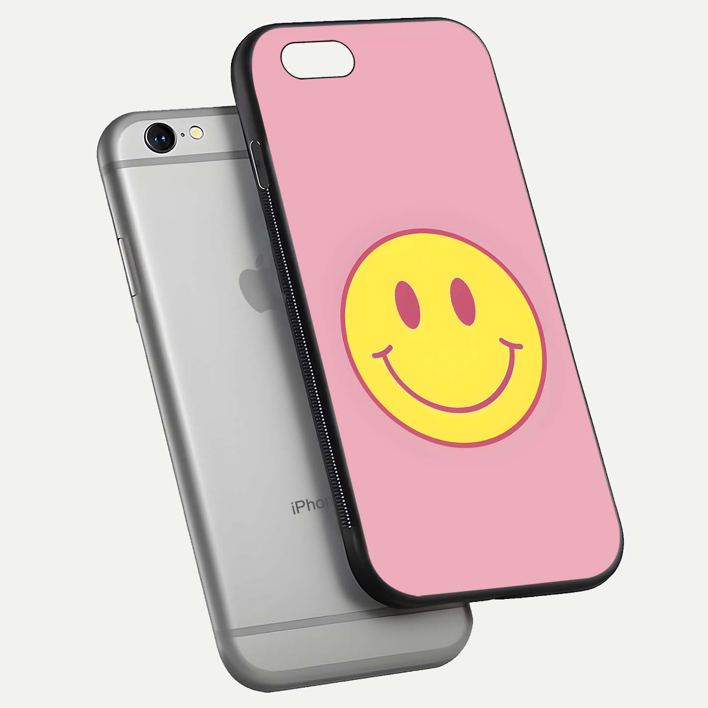 Happy Pink Mood iPhone 6 glass phone case floating view emphasizing glossy finish and joyful color palette