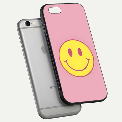 Happy Pink Mood iPhone 6 glass phone case floating view emphasizing glossy finish and joyful color palette