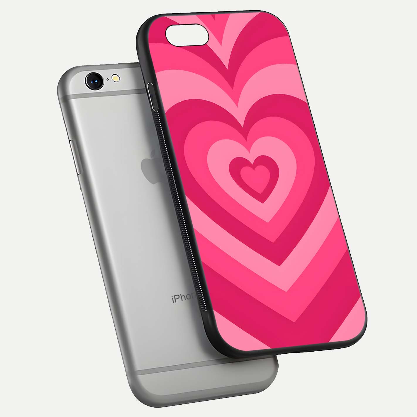 Layered Love Hearts iPhone 6 glass phone case floating view emphasizing glossy surface and layered heart details