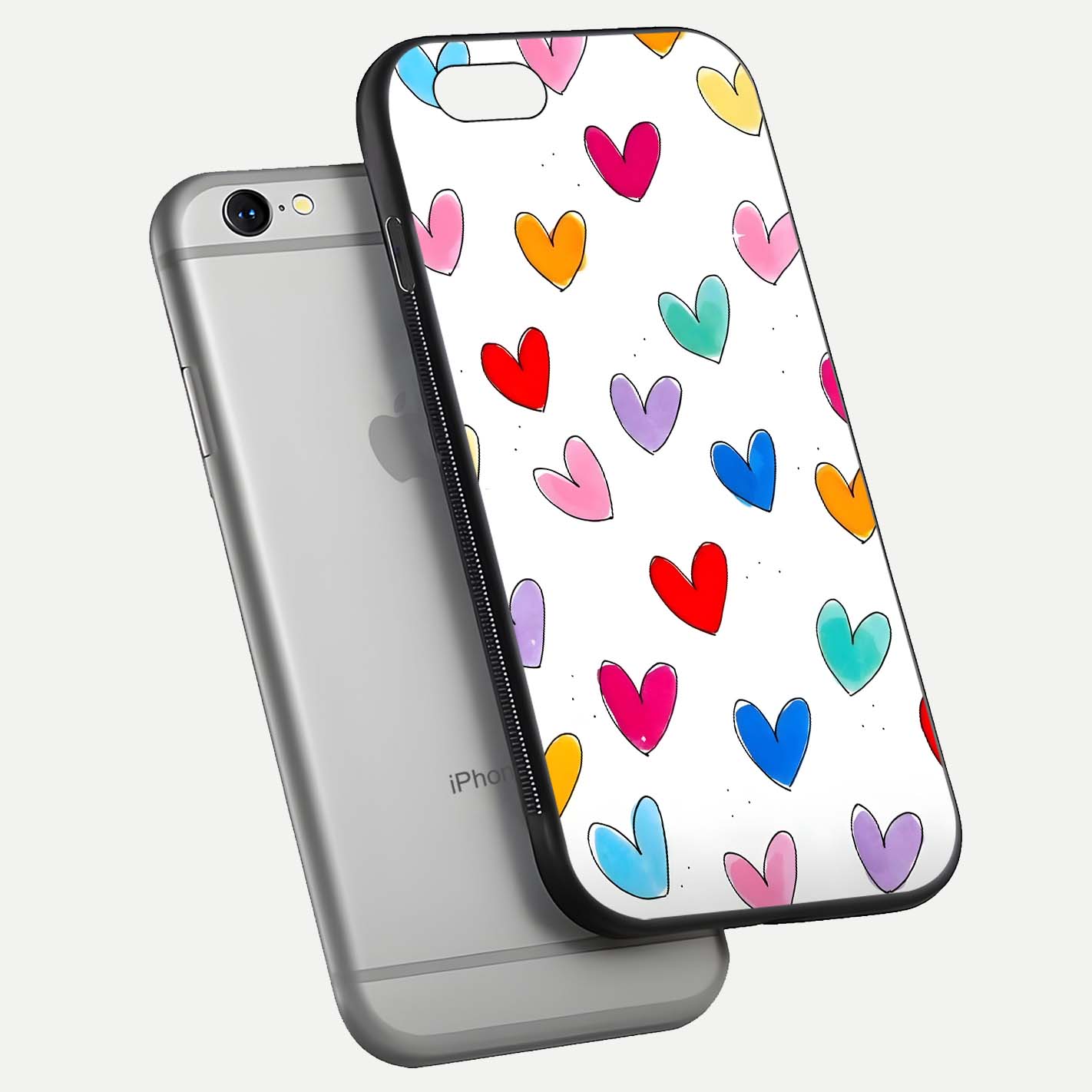 Playful Love Doodles iPhone 6 glass phone case floating view emphasizing glossy finish and playful design