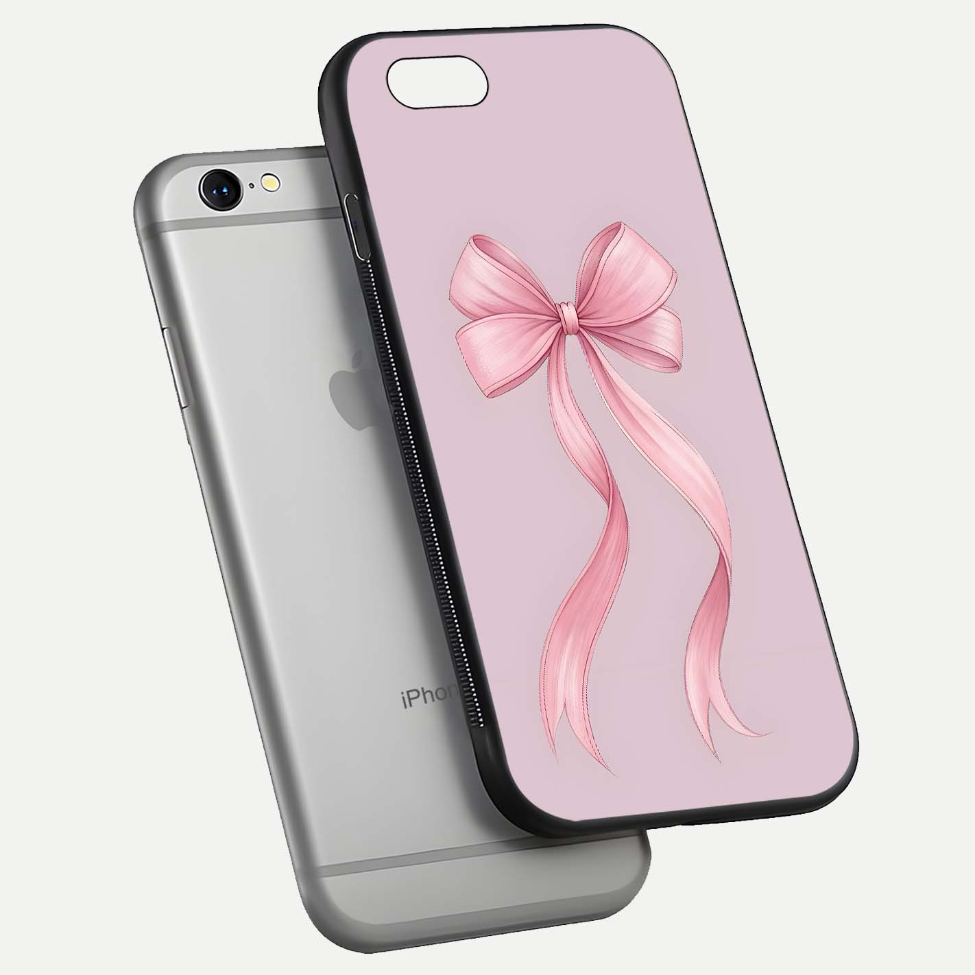 Soft Blush Bow iPhone 6 glass phone case floating view emphasizing glossy surface and soft feminine styling