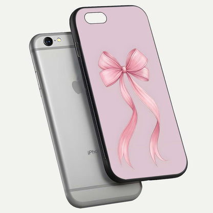 Soft Blush Bow iPhone 6 glass phone case floating view emphasizing glossy surface and soft feminine styling
