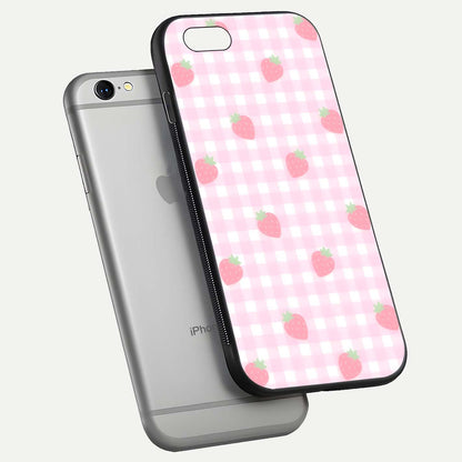 Strawberry Picnic Love iPhone 6 glass phone case floating view emphasizing glossy finish and playful charm