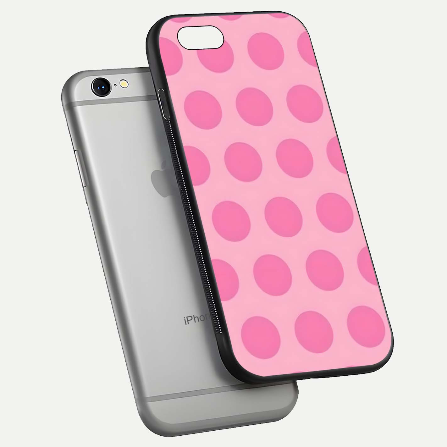 Sweet Dot Dreams iPhone 6 glass phone case floating view emphasizing glossy surface and soft playful styling