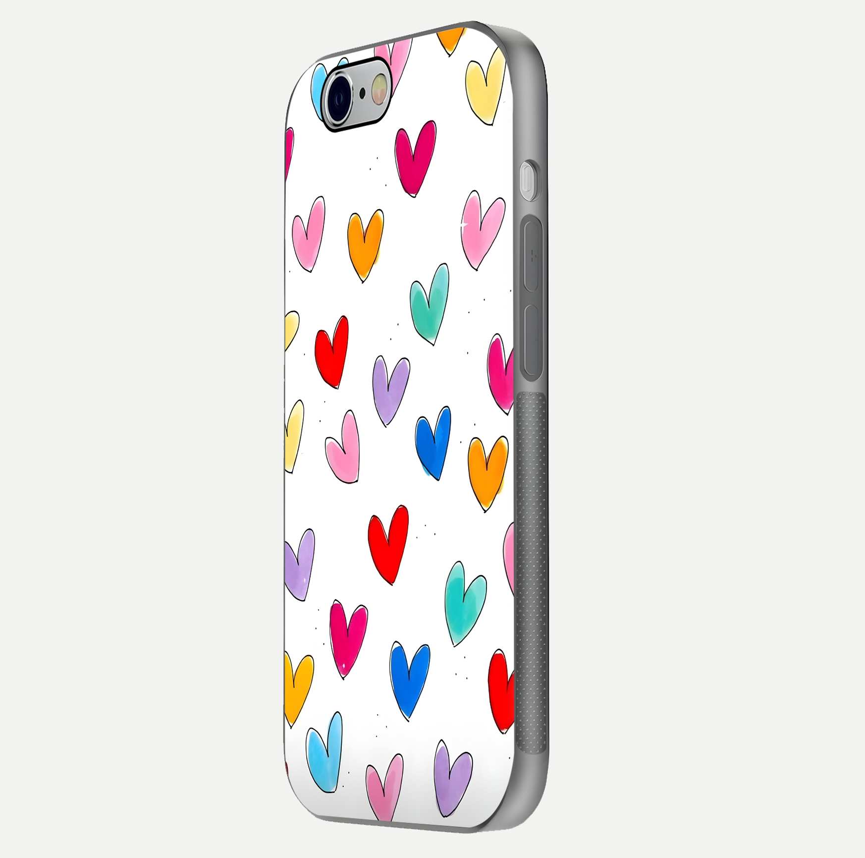 Playful Love Doodles iPhone 6 glass phone case side profile view focusing on smooth frame and seamless wrap