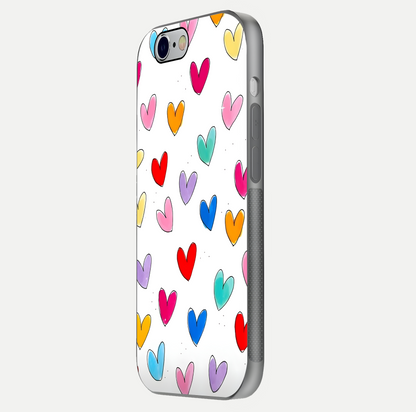 Playful Love Doodles iPhone 6 glass phone case side profile view focusing on smooth frame and seamless wrap
