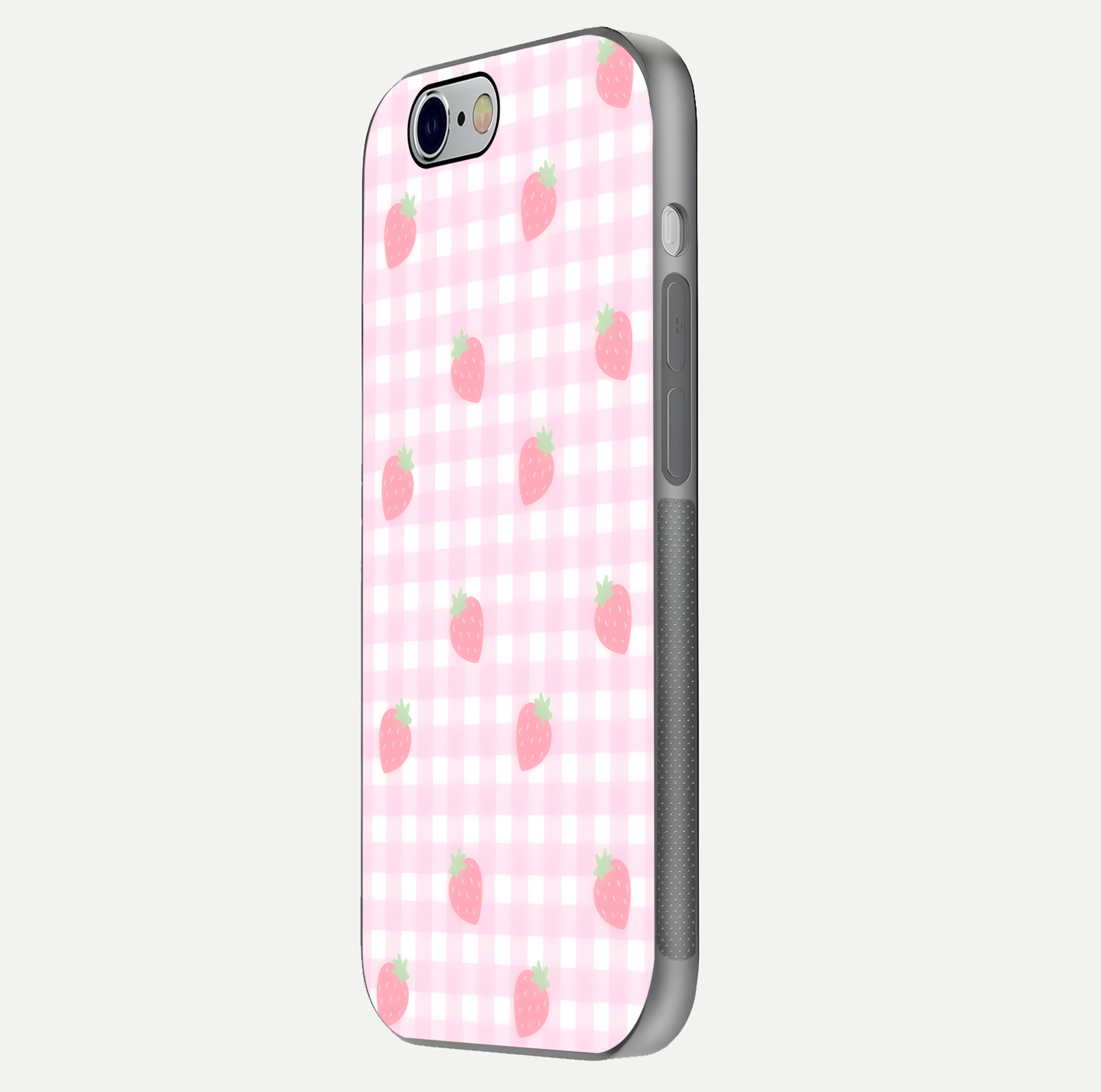 Strawberry Picnic Love iPhone 6 glass phone case side profile view focusing on smooth frame and seamless wrap