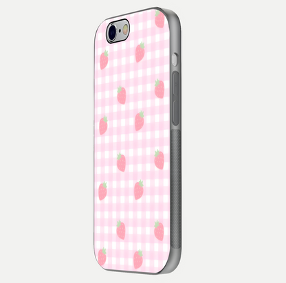 Strawberry Picnic Love iPhone 6 glass phone case side profile view focusing on smooth frame and seamless wrap