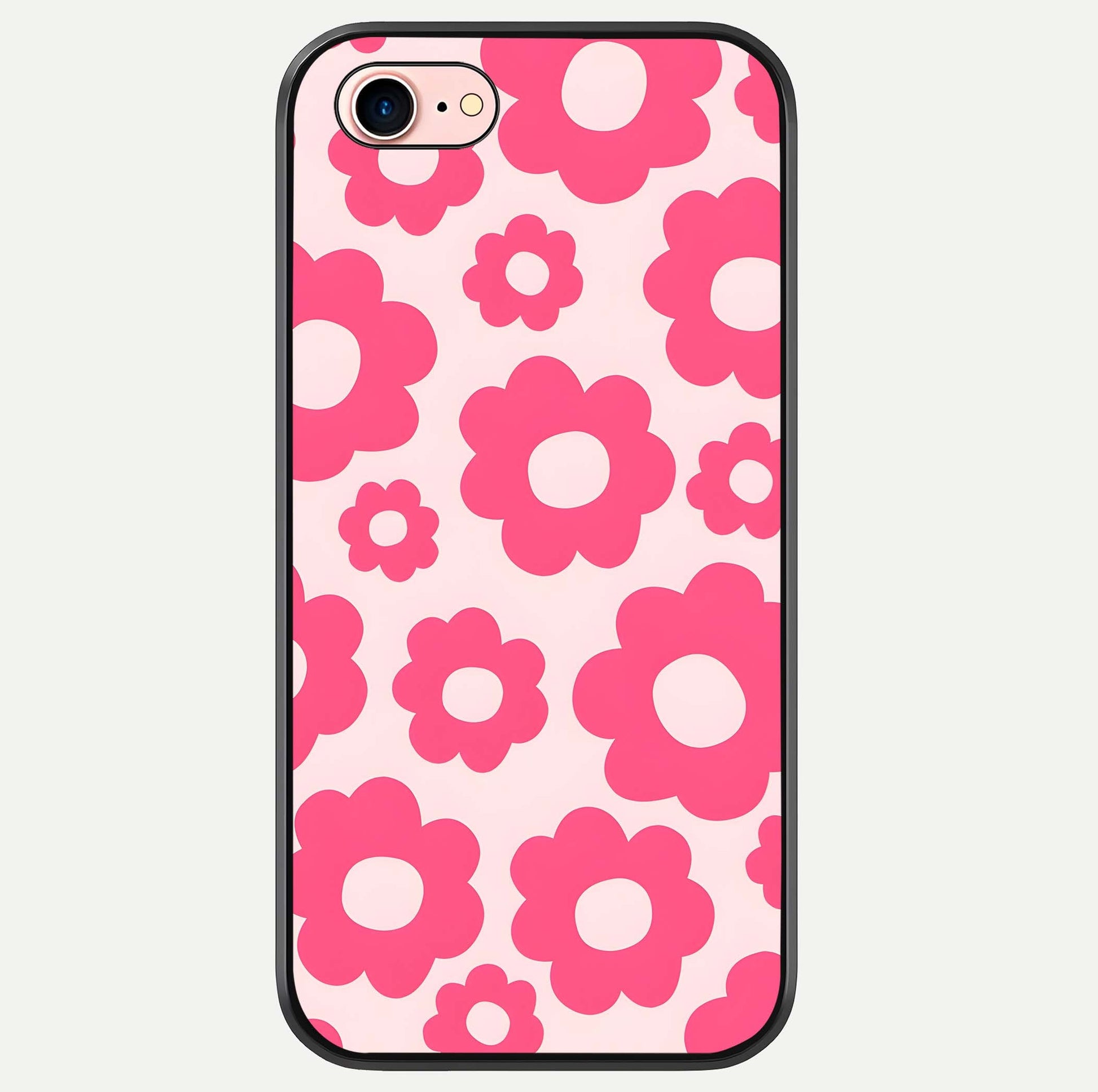 Blush Flower Pop iPhone 7 glass phone case front view featuring playful blush floral artwork with glossy finish