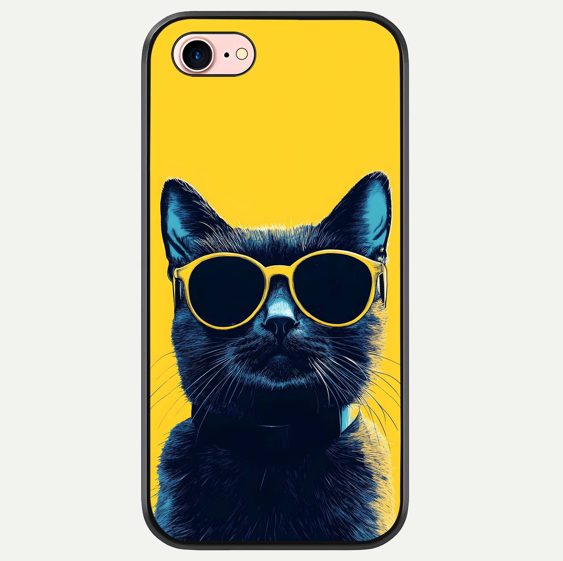 Cool Cat Vibes iPhone 7 glass phone case front view featuring playful cat illustration with cool aesthetic tones