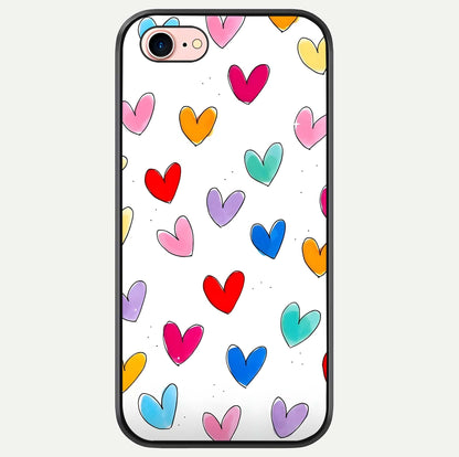 Playful Love Doodles iPhone 7 Plus glass phone case front view featuring cute love doodle illustrations with fun vibe