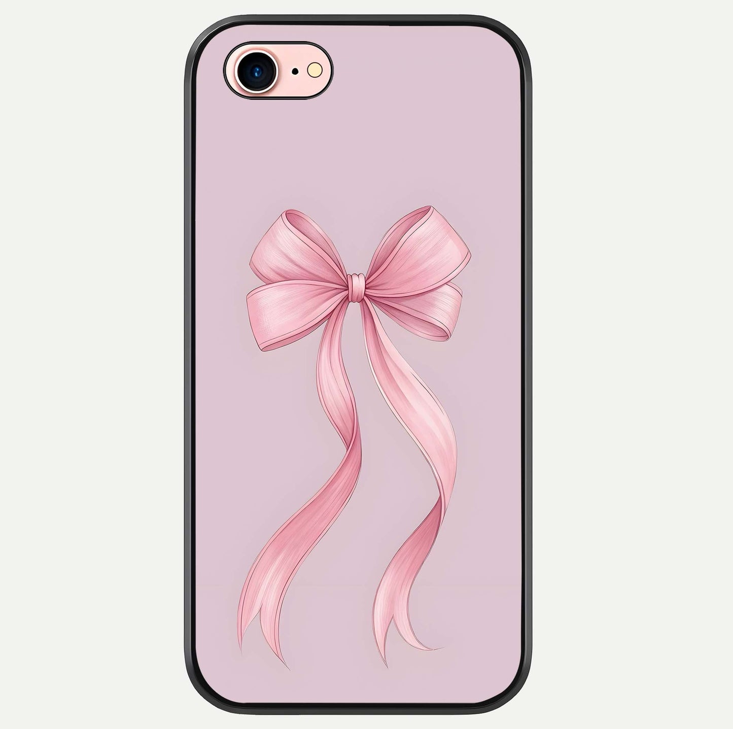 Soft Blush Bow iPhone 7 glass phone case front view showcasing soft blush tones with elegant bow design