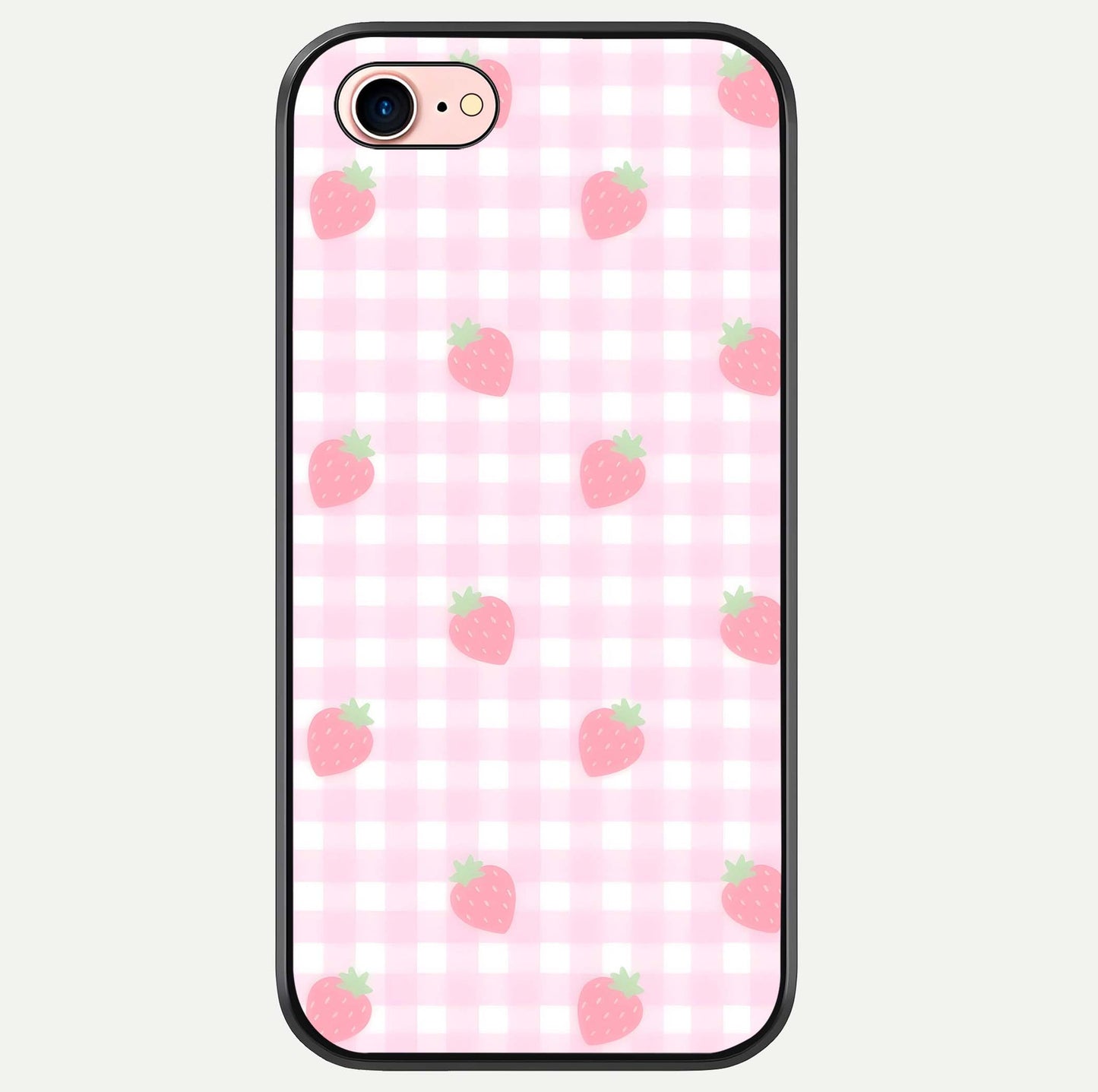 Strawberry Picnic Love iPhone 7 Plus glass phone case front view featuring cute strawberry picnic artwork with romantic vibe
