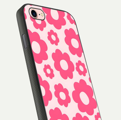 Blush Flower Pop iPhone 7 glass phone case angled back view highlighting bright floral pop design and side grip texture
