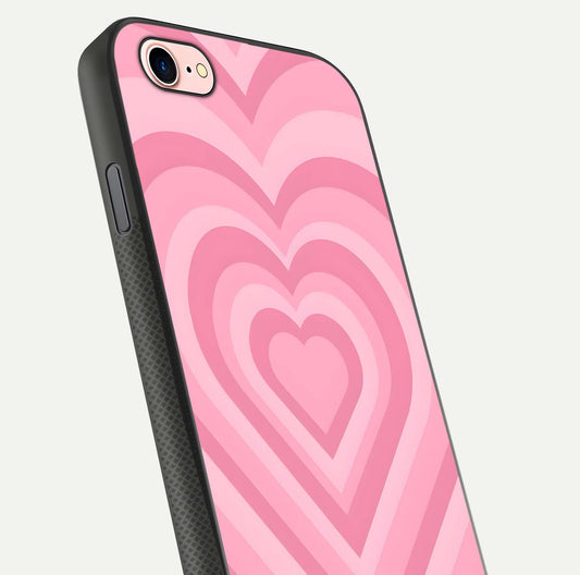 Blush Heart Waves iPhone 7 glass phone case angled back view highlighting romantic heart wave artwork and grip texture