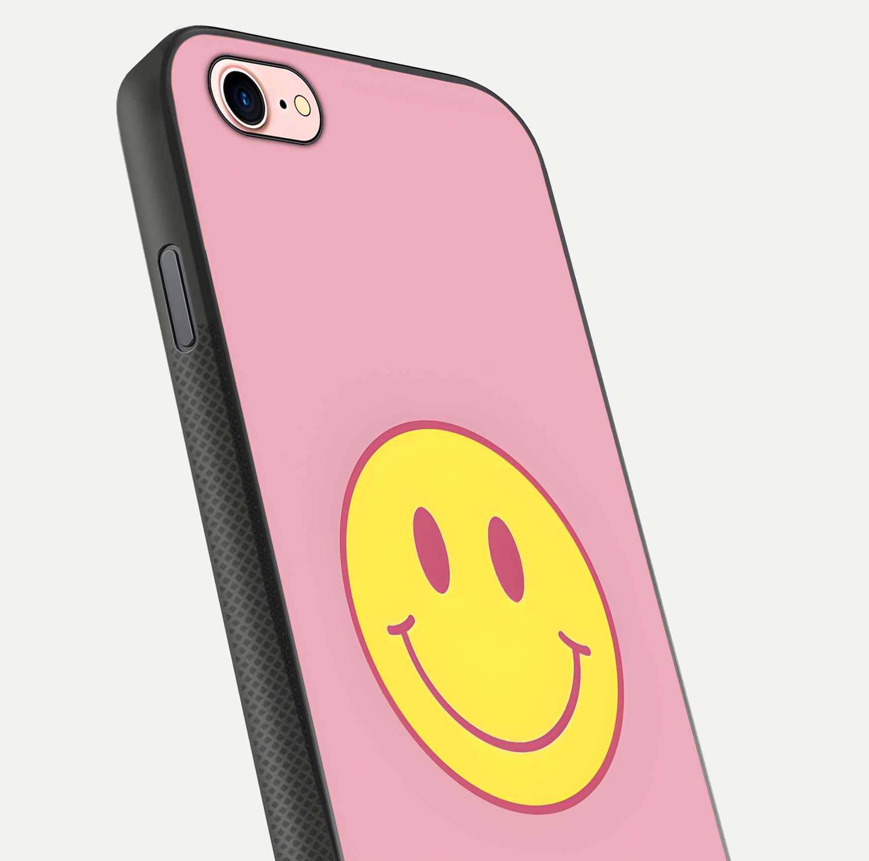 Happy Pink Mood iPhone 7 glass phone case angled back view highlighting bright pink artwork and side grip texture