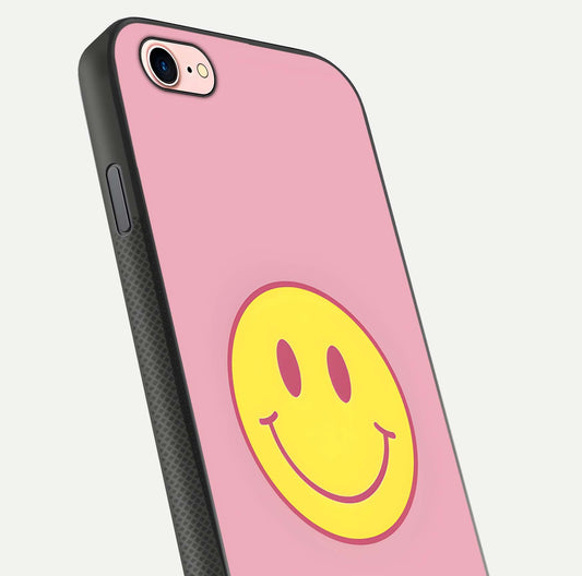 Happy Pink Mood iPhone 7 glass phone case angled back view highlighting bright pink artwork and side grip texture