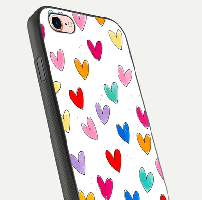 Playful Love Doodles iPhone 7 glass phone case angled back view highlighting doodle artwork and textured grip edges