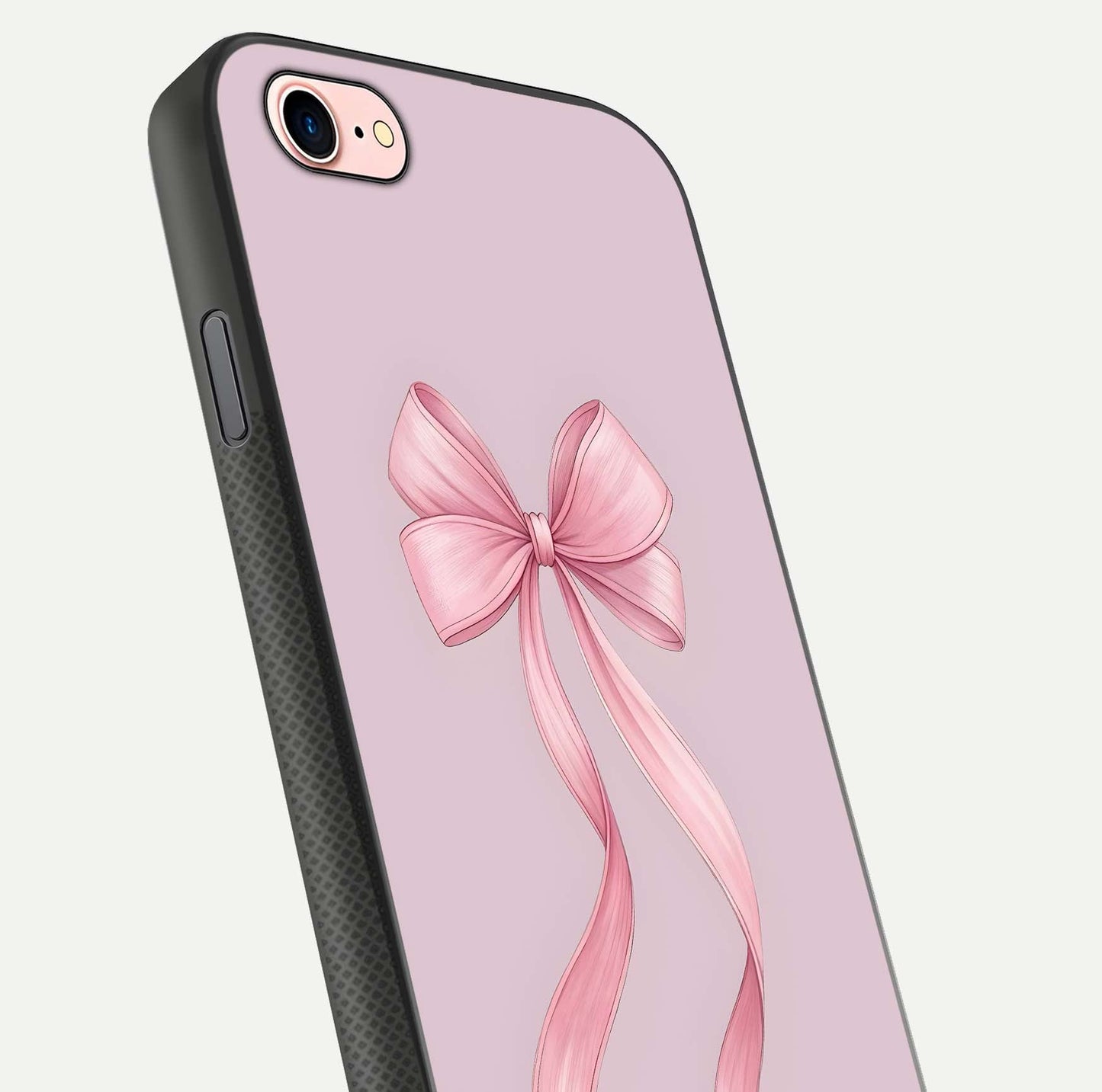 Soft Blush Bow iPhone 7 glass phone case angled back view highlighting bow artwork and side grip texture