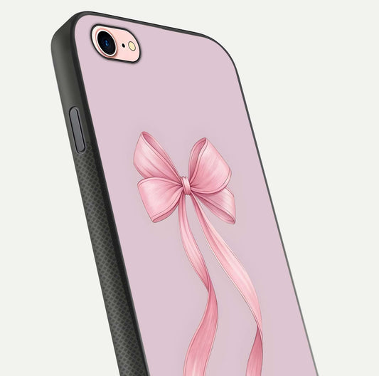 Soft Blush Bow iPhone 7 glass phone case angled back view highlighting bow artwork and side grip texture