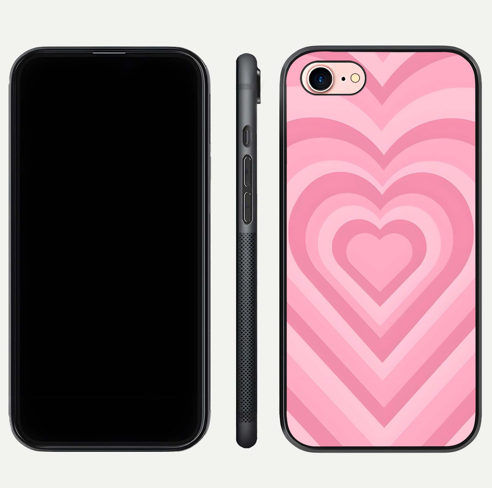 Blush Heart Waves iPhone 7 glass phone case front and side layout view displaying slim frame and full heart pattern