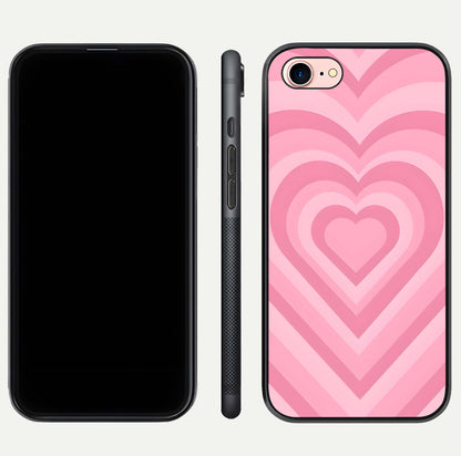 Blush Heart Waves iPhone 7 glass phone case front and side layout view displaying slim frame and full heart pattern