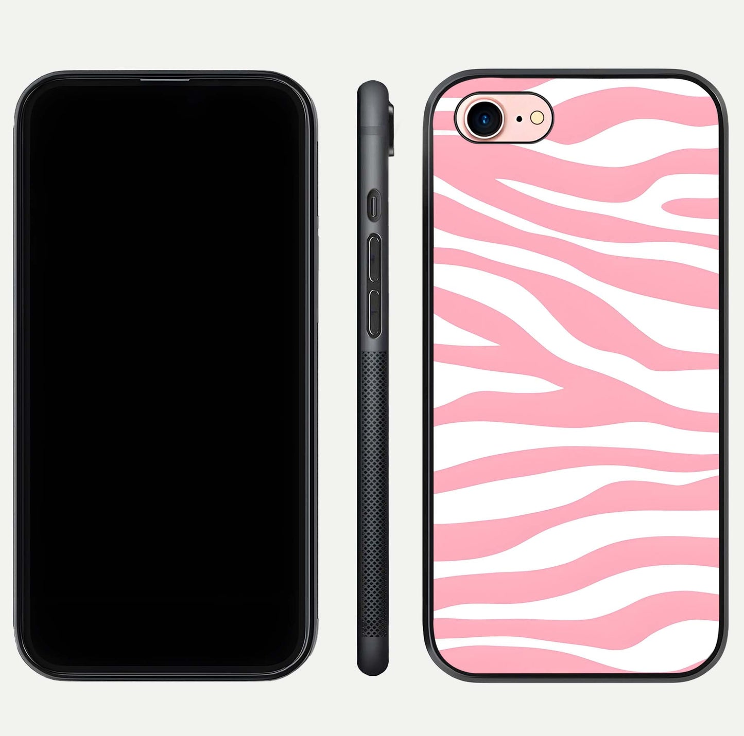 Blush Zebra Flow iPhone 7 glass phone case front and side layout view showing slim build and flowing pattern coverage