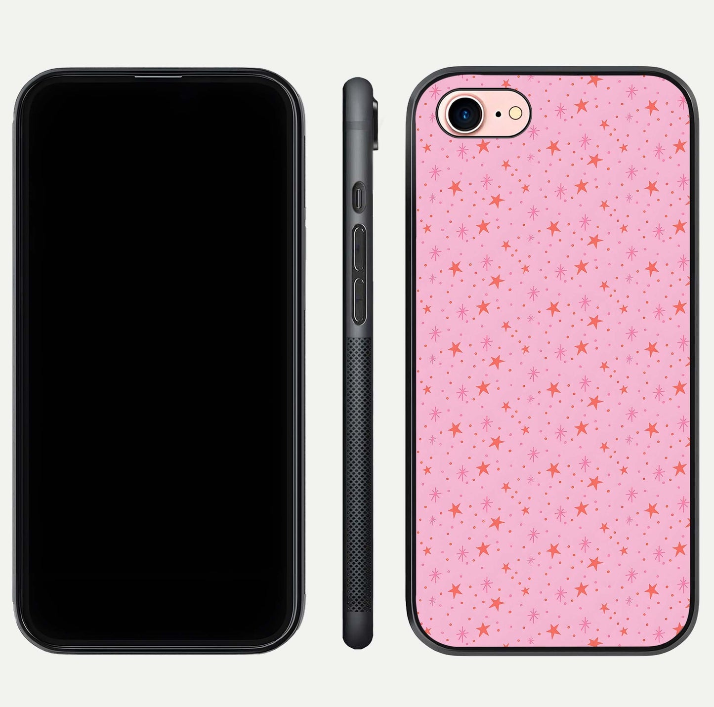 Cosmic Pink Sparkle iPhone 7 glass phone case front and side layout view displaying slim profile and full cosmic coverage