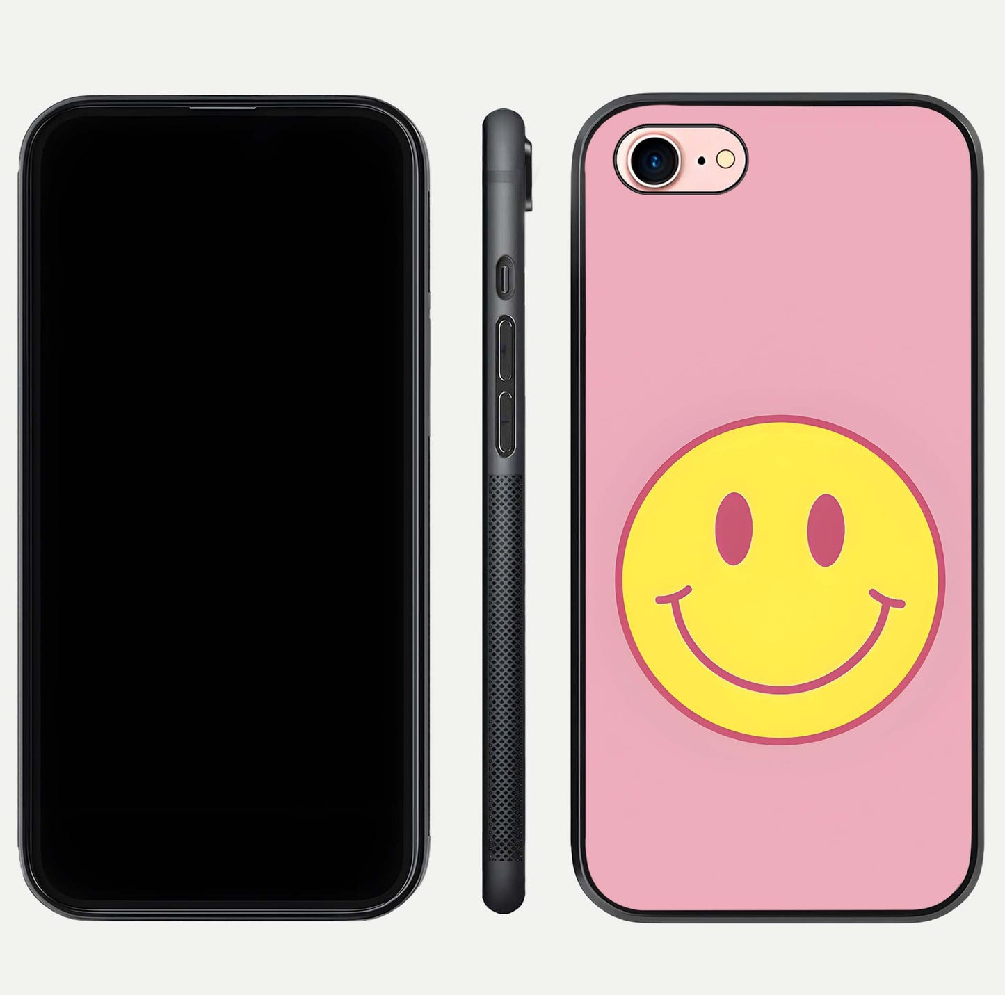 Happy Pink Mood iPhone 7 glass phone case front and side layout view showing slim build and full pink coverage