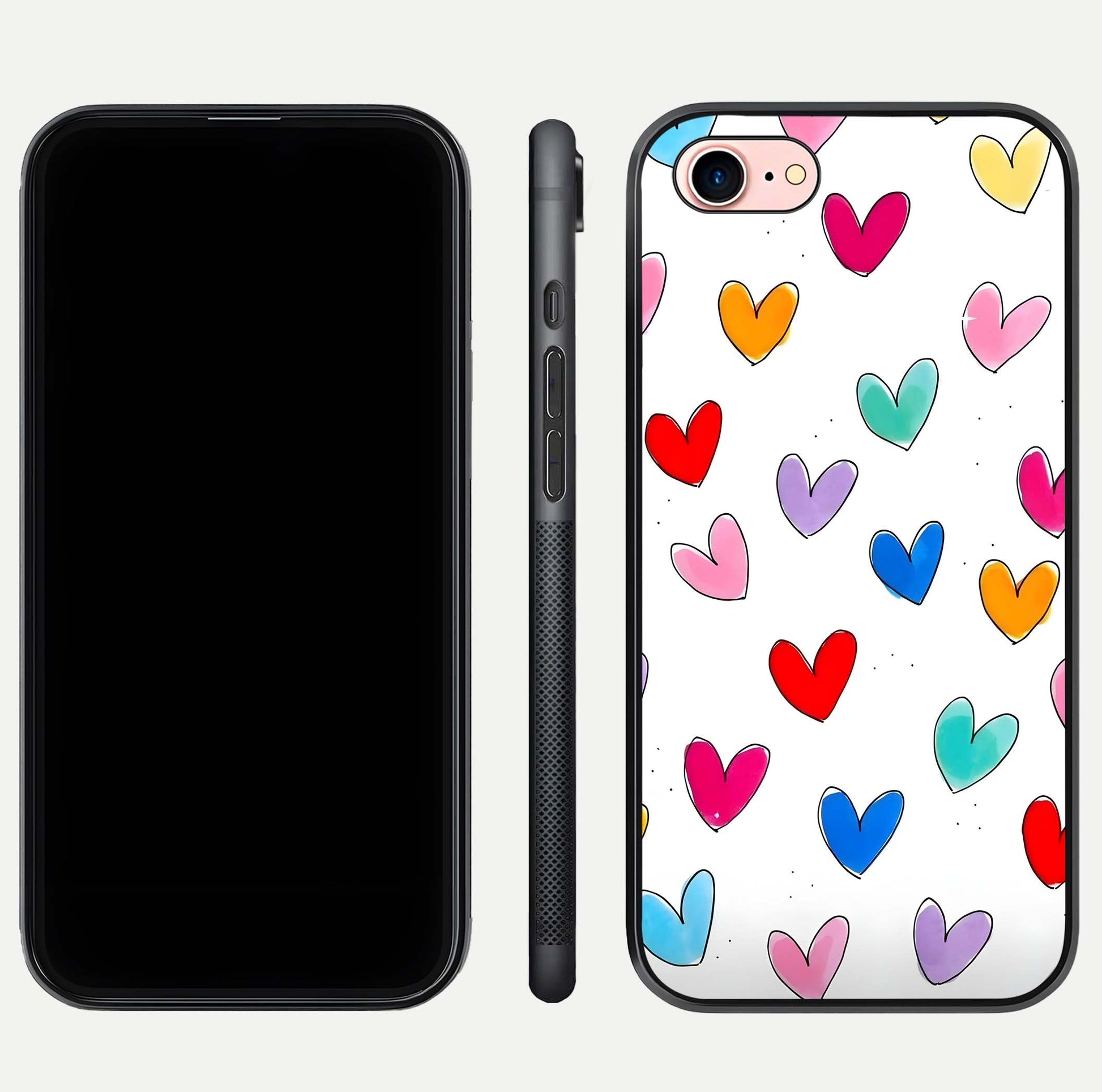 Playful Love Doodles iPhone 7 glass phone case front and side layout view showing slim build and full doodle coverage