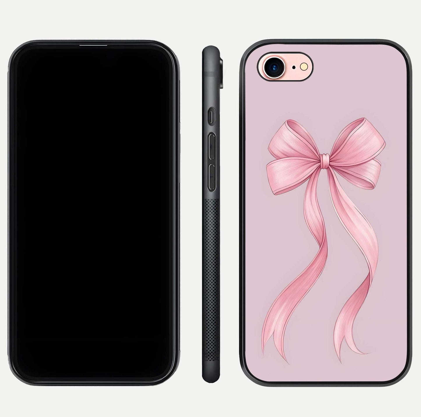 Soft Blush Bow iPhone 7 glass phone case front and side layout view displaying slim profile and gentle aesthetic