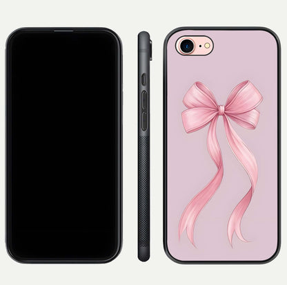Soft Blush Bow iPhone 7 glass phone case front and side layout view displaying slim profile and gentle aesthetic