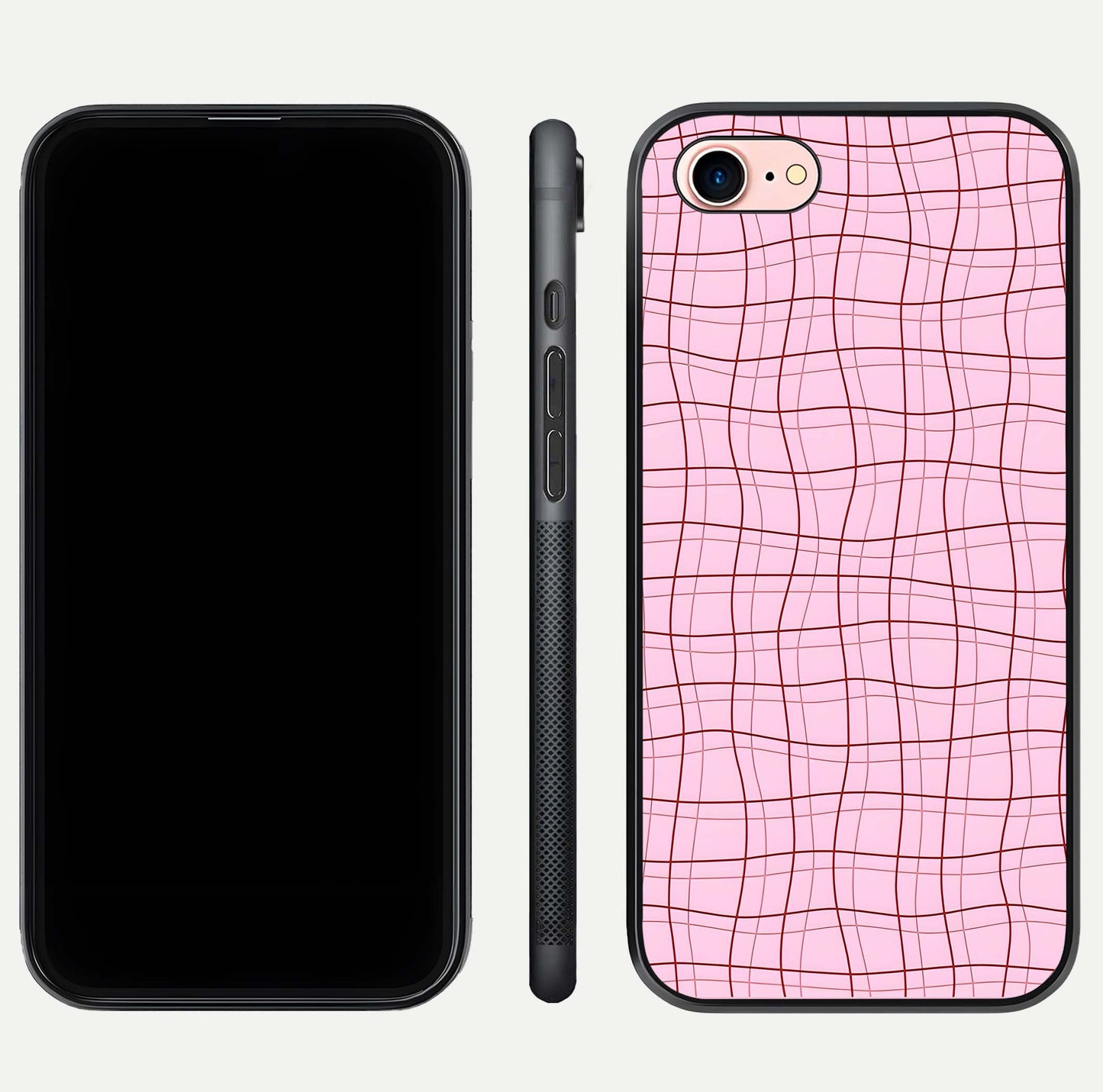 Soft Grid Bliss iPhone 7 glass phone case front and side layout view displaying slim profile and clean design