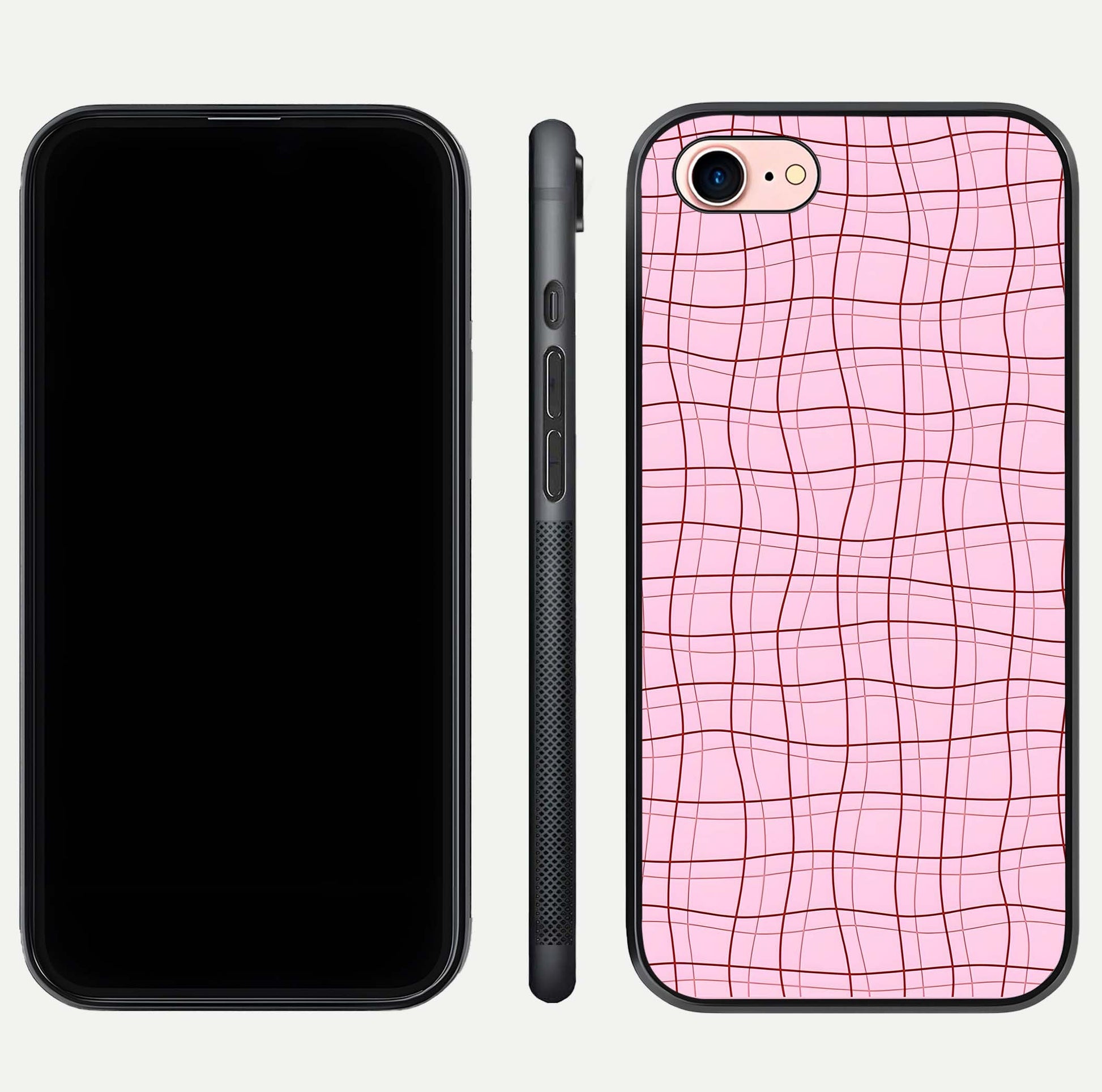 Soft Grid Bliss iPhone 7 glass phone case front and side layout view displaying slim profile and clean design