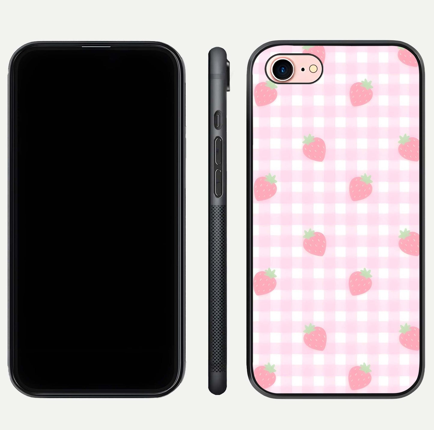 Strawberry Picnic Love iPhone 7 glass phone case front and side layout view showing slim profile and full picnic design
