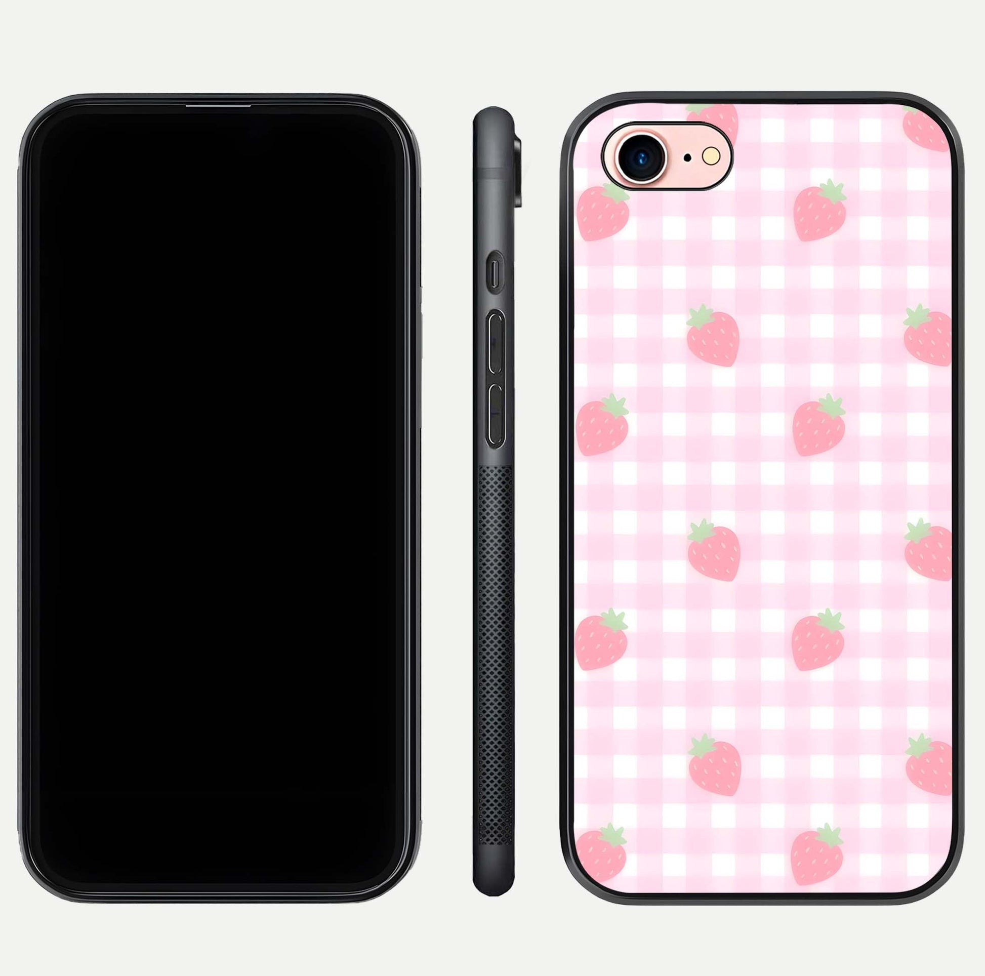 Strawberry Picnic Love iPhone 7 glass phone case front and side layout view showing slim profile and full picnic design