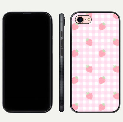 Strawberry Picnic Love iPhone 7 glass phone case front and side layout view showing slim profile and full picnic design